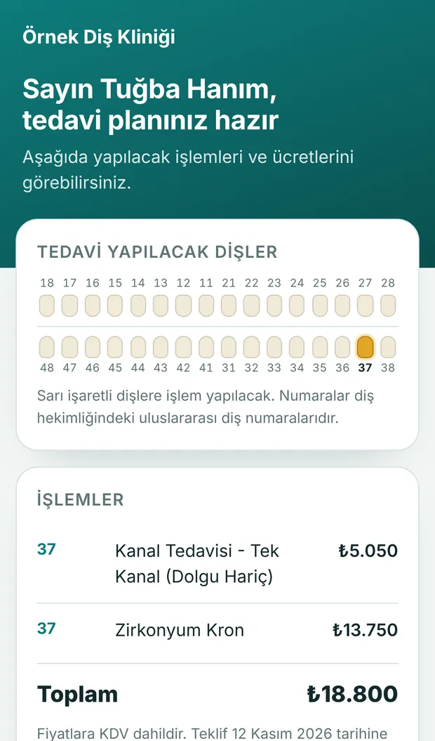 Hastanın telefonunda açılan tedavi planı ve fiyat teklifi